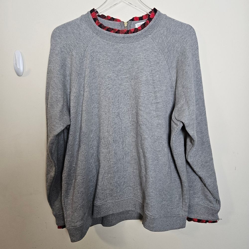 J Crew HO273 Ruffleneck Pullover Sweatshirt 2X Grey Plaid Trim Holiday